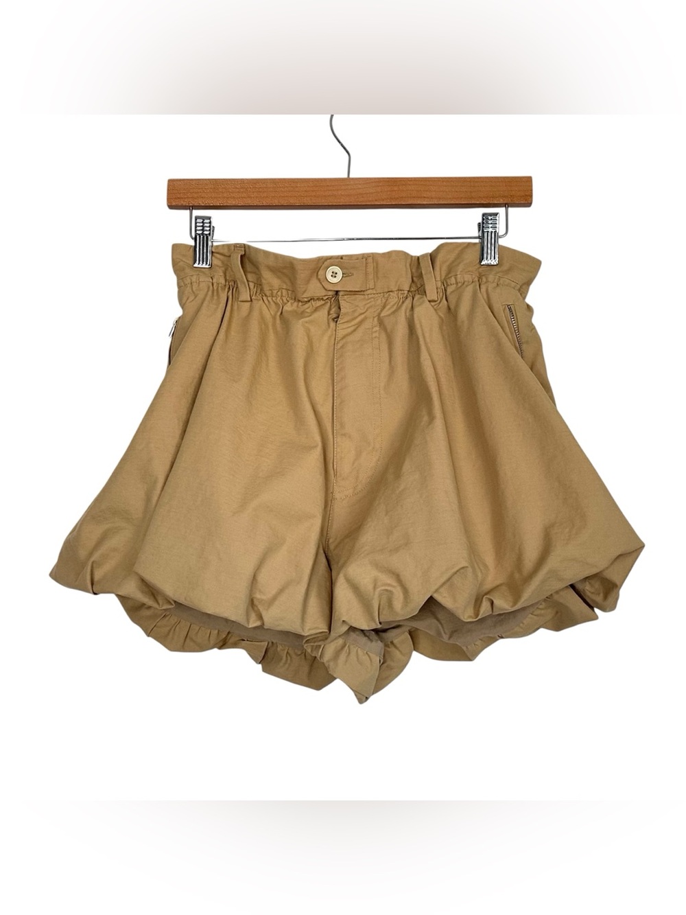 Zara Womens Paperbag Waist Bubble Hem Shorts Sz Large Beige Cotton Linen Blend
